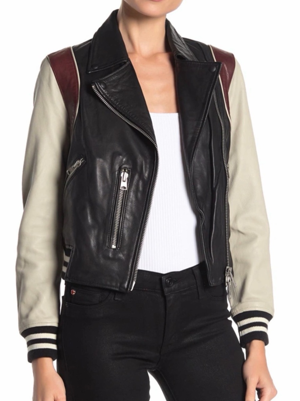 AllSaints Colorblock Lambskin Leather Zip Jacket In Black/chalk size 00
